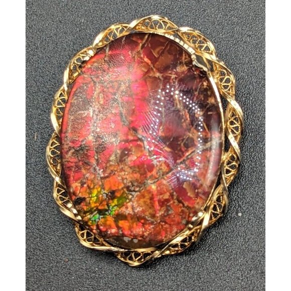Large Oval Ammolite Triplet Fossil Gemstone Gold Filled GF Brooch Pin Pendant - Picture 2 of 10